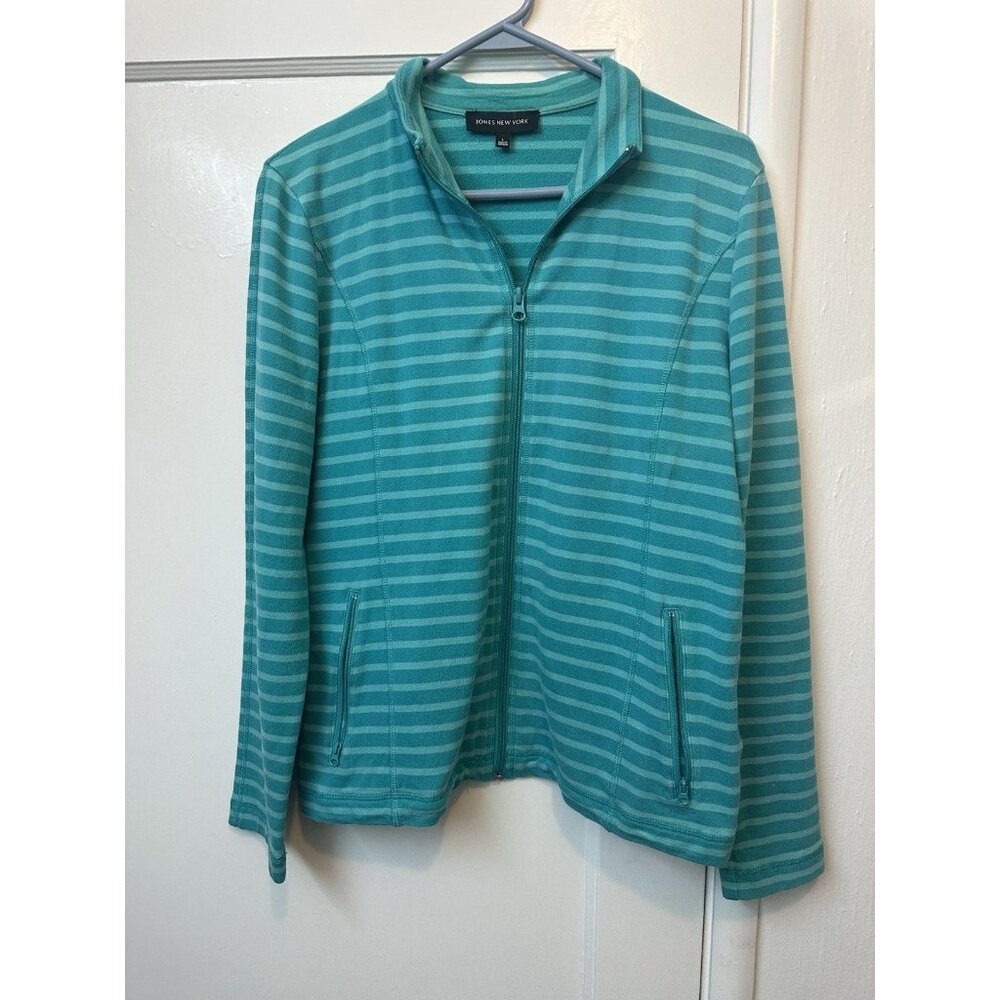 Jones New York Women’s Full Zip Jacket Large Teal Green Striped Lightweight